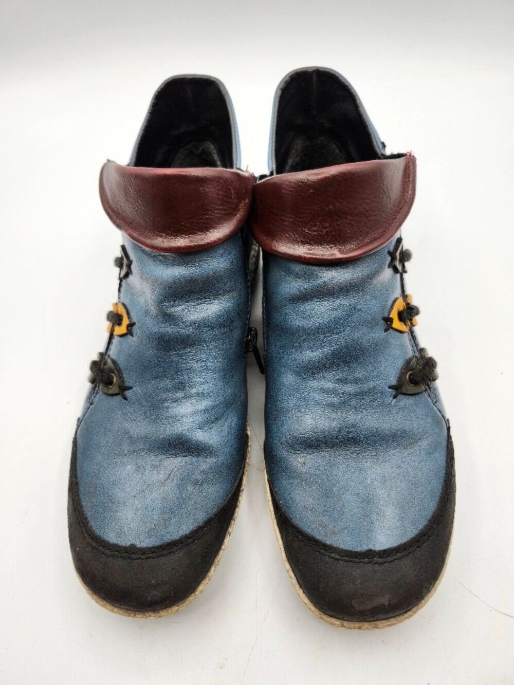 Rieker Two-Tone Blue Leather Slip-On Loafers with Burgundy Collar
